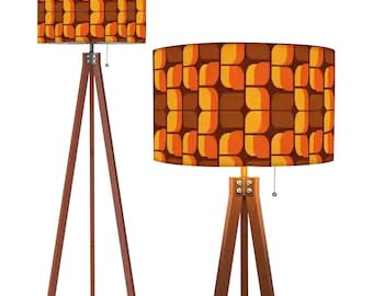 Retro 70s Tripod Stehlampe mit Braun Orange Gelb Geometrischem Muster, Mid Century Modern Psychedelische Beleuchtung