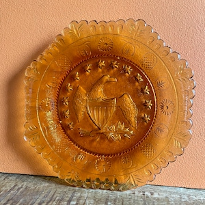 US 1930s Depressionware Glass by Indiana Glass Octagon Amber 8&quot; Patriotic Eagle Plate 13 Stars With Beaded Edge. Patriotic US Eagle plate