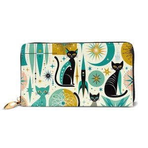 Portefeuille moderne du milieu du siècle Atomic Cat - Pochette zippée rétro de l'ère spatiale avec 12 emplacements pour cartes et poche pour la monnaie