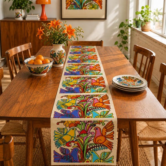 Acapulco Inspirierter Tischläufer – Retro Blumen Bunte Vögel
