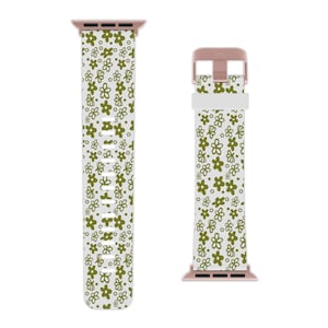以下が含まれることがあります： 緑色の花柄の白いApple Watchバンド。バンドは革製で、ローズゴールドのバックルが付いています。