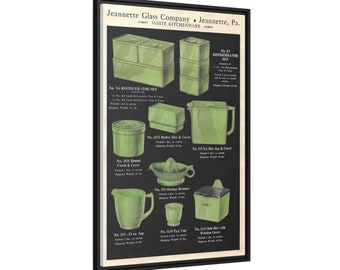 Vintage Jadeite Fire-King 1933 Advertisement Canvas Print - Eco-Friendly Framed Art. Jade-Ite advert Jeannette Glass Reproduction