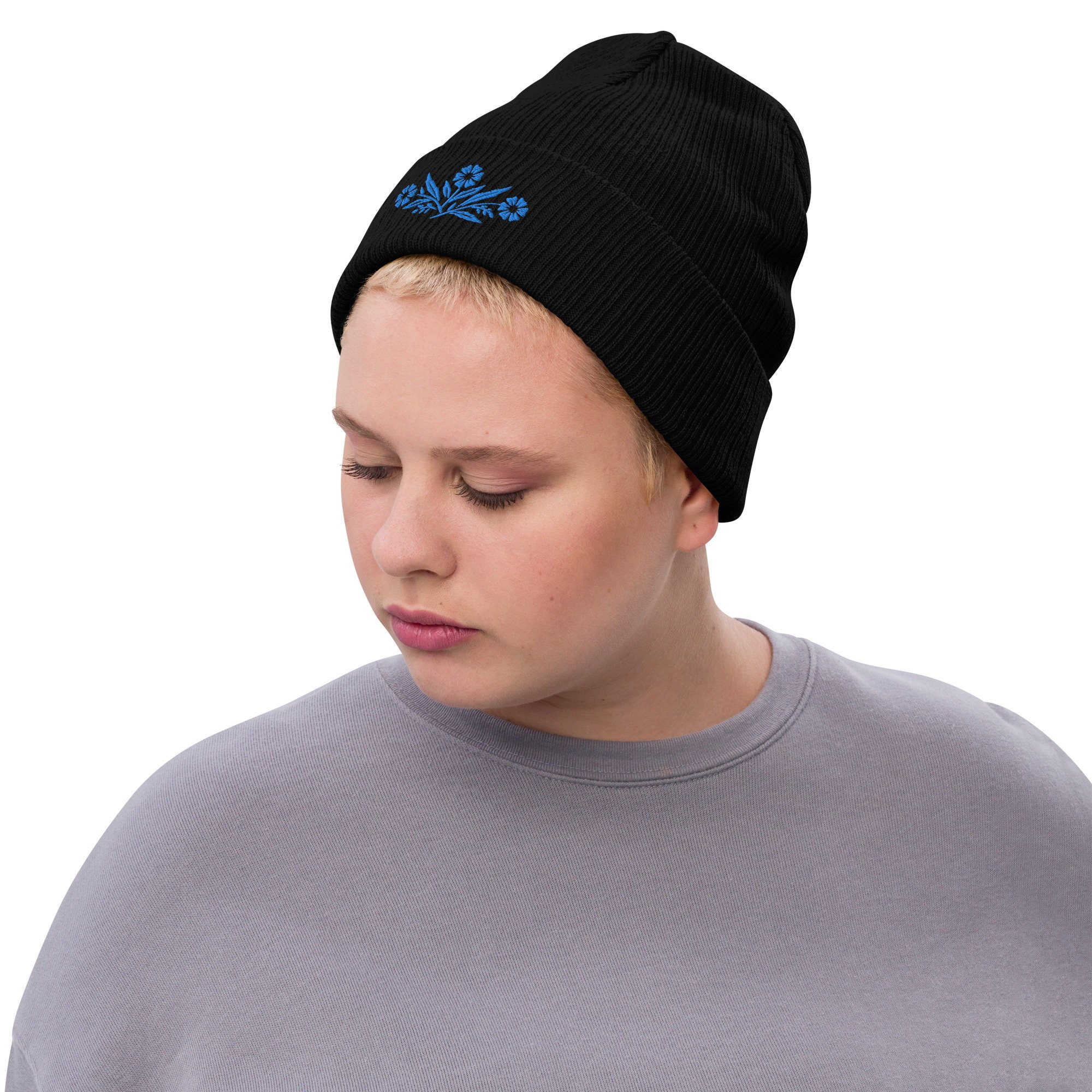 Corningware Cornflower Blue Inspired Ribbed Knit Beanie. 3D