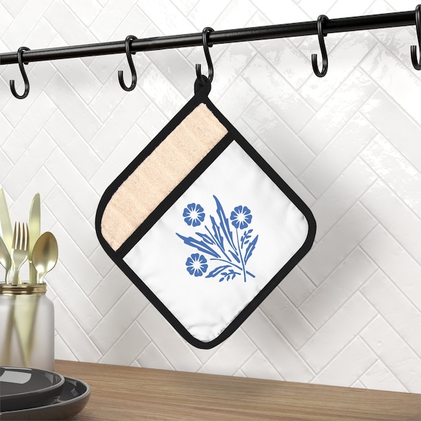 Pannenlap blauw korenbloem – Vintage Corningware keukendecor