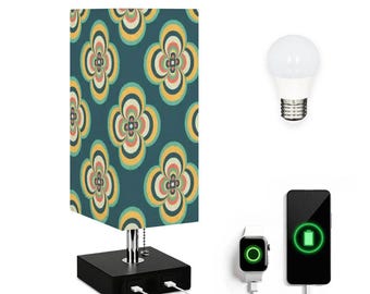 Abajur de mesa floral retrô verde com USB e controle remoto – Abajur de cabeceira inspirado no estilo meados do século XX
