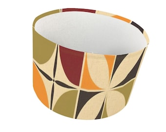 Large Retro Geometric Lampshade – Mid Century Modern Linen Shade in Olive, Orange, Cream & Brown
