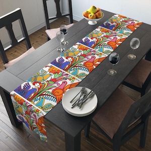 Retro Villeroy & Boch op acapulco geïnspireerde tafelloper – jaren 60 kleurrijke vogels design (72,4 x 13,4 inch) linnen tafelloper