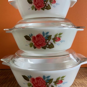 Set JAJ England Pyrex Cottage Rose casserole 505 + 509 + 513 Vintage Pyrex Bowls with rose image. rare Pyrex - Vintage JaJ Pyrex Crown Pyrex