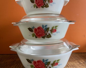 Set JAJ England Pyrex Cottage Rose casserole 505 + 509 + 513 Vintage Pyrex Bowls with rose image. rare Pyrex - Vintage JaJ Pyrex Crown Pyrex