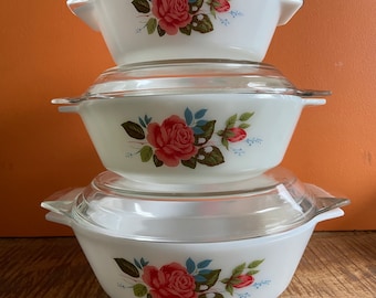 Set JAJ England Pyrex Cottage Rose casserole 505 + 509 + 513 Vintage Pyrex Bowls with rose image. rare Pyrex - Vintage JaJ Pyrex Crown Pyrex