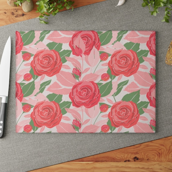 Planche à Découper Rond En Verre Trempé 40 Cm - Motif Fleurs Botaniques