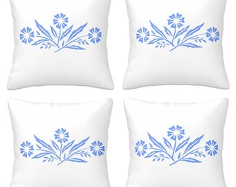 Juego de 4 fundas de almohada con diseño de aciano azul / Decoración retro de los años 70