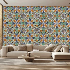 17th-Century Dutch Delft Tile Reproduction Wallpaper with Tulip Motif – Self-Adhesive Canvas