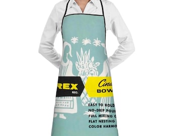 May include: A blue and white apron with a yellow and black design. The apron features the text "Rex Reg. Cina Bow" and the words "Easy to Hold, No-Drip Pour, Full Mixing, Flat Nesting, Color Harmony".