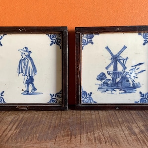 Set of 2 Handcrafted Dutch Delft Blue Tiles Vintage Delft Blue Tiles – Set of 2 Framed Dutch Delftware Delft Blue Tiles Delft Blauw