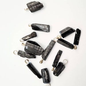 Natural  raw Black Tourmaline Gemstone Raw Crystal pendant with 925silver hook