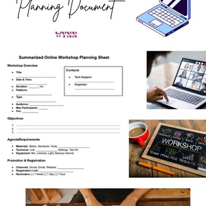 Puede incluir: Imagen que muestra elementos relacionados con talleres en línea. Incluye una computadora portátil, un documento de planificación, una pizarra con la palabra "Workshop" y una persona usando una computadora portátil. También hay una taza de café y varias herramientas.