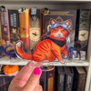 Puede incluir: Una figura de gato de acrílico transparente con un diseño atigrado naranja, que lleva gafas de aviador y una bufanda negra. El gato está sentado, con la cola enroscada. La figura se sostiene frente a una estantería llena de libros.