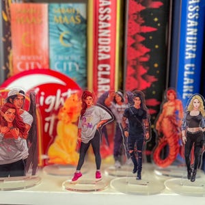 May include: Acrylic character figures of various fantasy characters, standing on clear circular bases. The figures depict characters in casual clothing, with vibrant colors and detailed designs. Bookshelves are in the background.