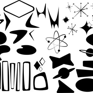 May include: A set of 20 black and white mid-century modern style graphic design elements. The elements include stars, boomerangs, geometric shapes, and abstract designs.