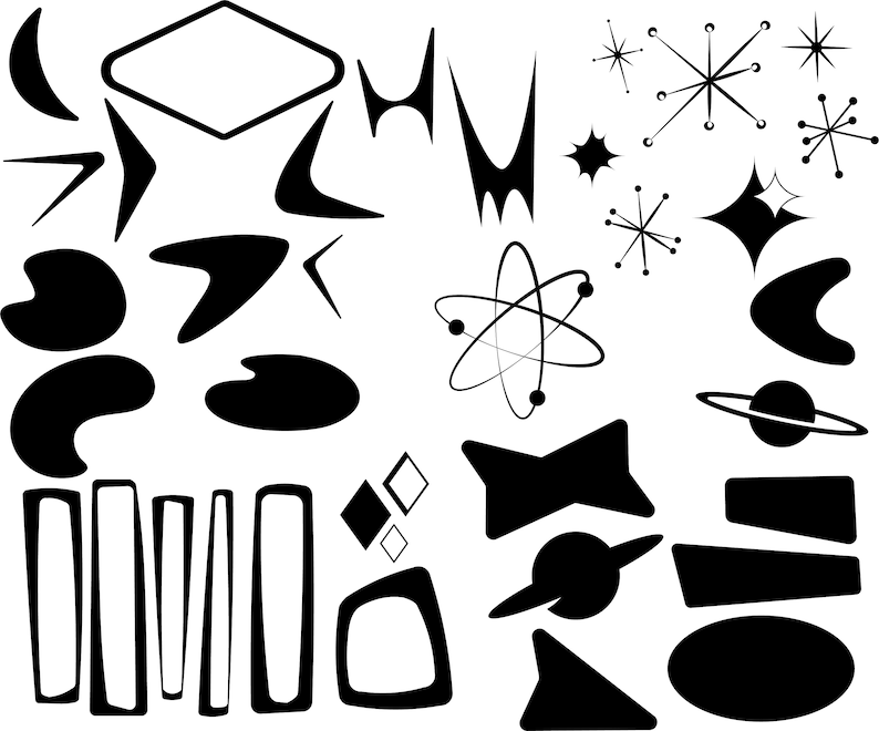 May include: A set of 20 black and white mid-century modern style graphic design elements. The elements include stars, boomerangs, geometric shapes, and abstract designs.