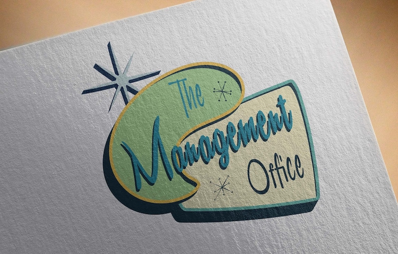 May include: A retro-style sign with a teal blue and green border, a yellow outline, and the text "The Management Office" in white.