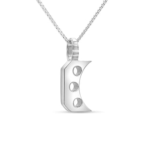 May include: Silver pendant necklace with a crescent moon design featuring three circular cutouts.