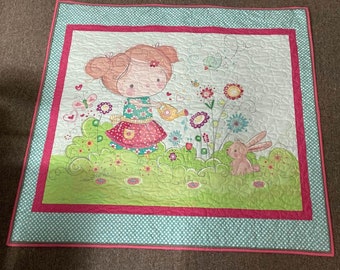 Baby to Toddler Throw Machine Quilted Patchwork Cot Quilt or Play Mat with Girl and Rabbit