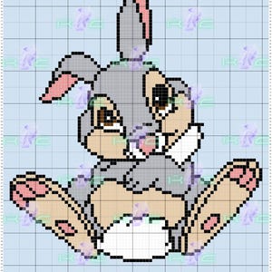 May include: A gray and pink cartoon rabbit with big eyes and a white belly. The rabbit is sitting with its legs crossed and its paws tucked in.