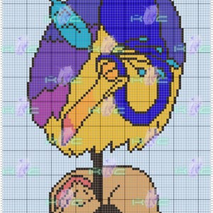 May include: Pixelated illustration of a cartoon character with a yellow head, blue and purple hair, and a brown body. The character is lying down, with a pencil-shaped nose and a large blue circle on its face.