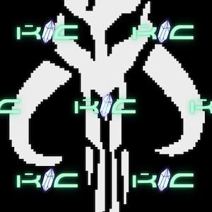 May include: A white pixelated Mandalorian symbol with a green outline and blue crystals. The symbol is surrounded by the text "RIC" in green with a blue crystal.