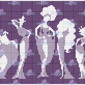 Könnte beinhalten: Ein pixeliges Bild von fünf Figuren in Weiß- und Grautönen vor einem violetten Gitterhintergrund. Die Figuren sind in verschiedenen Posen dargestellt. Der Hintergrund zeigt ein sich wiederholendes Muster mit den Buchstaben "RVC".
