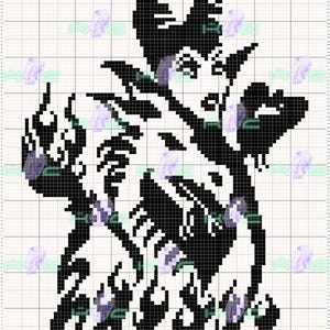 May include: Black and white pixel art cross stitch pattern of Maleficent from Disney's Sleeping Beauty. The pattern shows Maleficent in her iconic dragon form with her wings spread wide.