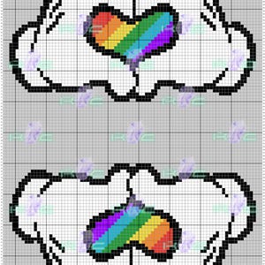 May include: Pixelated graphic of two white hands forming a heart shape, with a rainbow-colored heart in the center. The hands have black outlines and are set against a gray grid background. The design is repeated twice.
