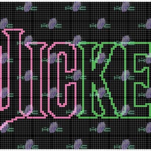Könnte beinhalten: Das Wort "WICKED" wird in einer pixeligen Schriftart angezeigt. Die erste Hälfte des Wortes, "WICK", ist rosa, und die zweite Hälfte, "ED", ist grün. Der Hintergrund ist schwarz mit einem Rastermuster und kleinen lila und grünen Designs.