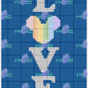 May include: A blue grid pattern with the word "LOVE" in white pixelated letters. The letter "O" is a rainbow-colored Mickey Mouse head. The background has a repeating pattern of blue crystals.