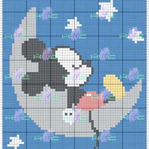 May include: A pixel art design of Mickey Mouse sleeping on a crescent moon against a blue background with white stars.