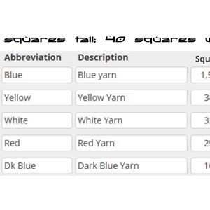 Legend of colors used:  Blue (1,502 squares); Yellow (343 squares); White (331 squares); Red (296 squares); Dark Blue (168 squares)