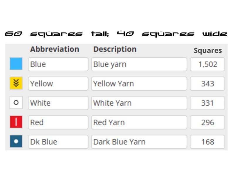 Legend of colors used:  Blue (1,502 squares); Yellow (343 squares); White (331 squares); Red (296 squares); Dark Blue (168 squares)