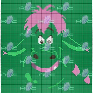 May include: A pixel art design of a green monster with pink hair and a big smile. The monster is on a green background with a grid pattern.