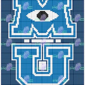 May include: A pixelated design featuring the letters "M" and "U" in shades of blue and white, with a large eye in the center of the "M". The design is set against a grid background with scattered purple crystal-like shapes.