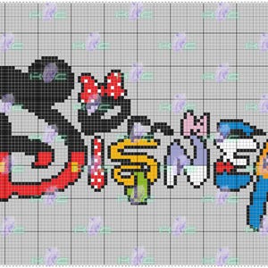 Pode incluir: Um padrão de ponto cruz de pixel art com o logotipo da Disney com Mickey Mouse, Minnie Mouse, Donald Duck, Pateta e Pluto.