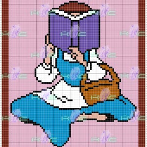 May include: A blue and white dress with a white apron and a brown basket. The person is holding a purple book in front of their face.