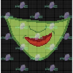 Könnte beinhalten: Pixelgrafik eines grünen Lächelns mit rotem Mund, vor einem schwarzen Gitterhintergrund. Das Design enthält sich wiederholende lila und weiße Formen und die Buchstaben "RC" in Türkis.