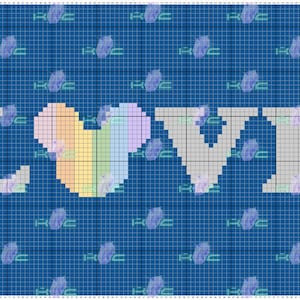 May include: A blue background with a white grid pattern. The word "LOVE" is spelled out in white with a rainbow heart in the middle of the word.
