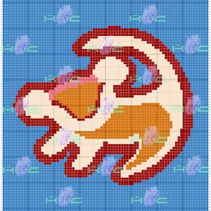 May include: A pixel art design of the Lion King logo, featuring a red outline of a lion's head with a mane, a light brown body, and a pink nose.