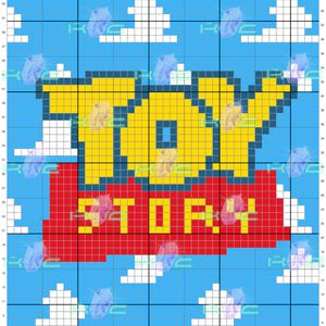 White cartoon clouds on a blue background; "TOY STORY" logo in the foreground ("TOY" in yellow with a blue outline; "STORY" in yellow on a red rectangular background).