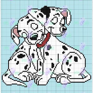 May include: A pixelated illustration of two Dalmatian dogs. The dogs are white with black spots, and one has a black patch over its eye. They wear red collars. The background is a light blue grid pattern.
