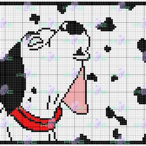 May include: A black and white cartoon Dalmatian dog with a red collar. The dog is looking to the right and has a pink nose. The background is a white grid with black spots.