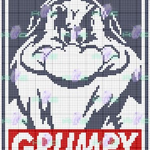 May include: A pixel art cross-stitch pattern featuring a grumpy-looking cartoon character with the word "GRUMPY" in red letters below.
